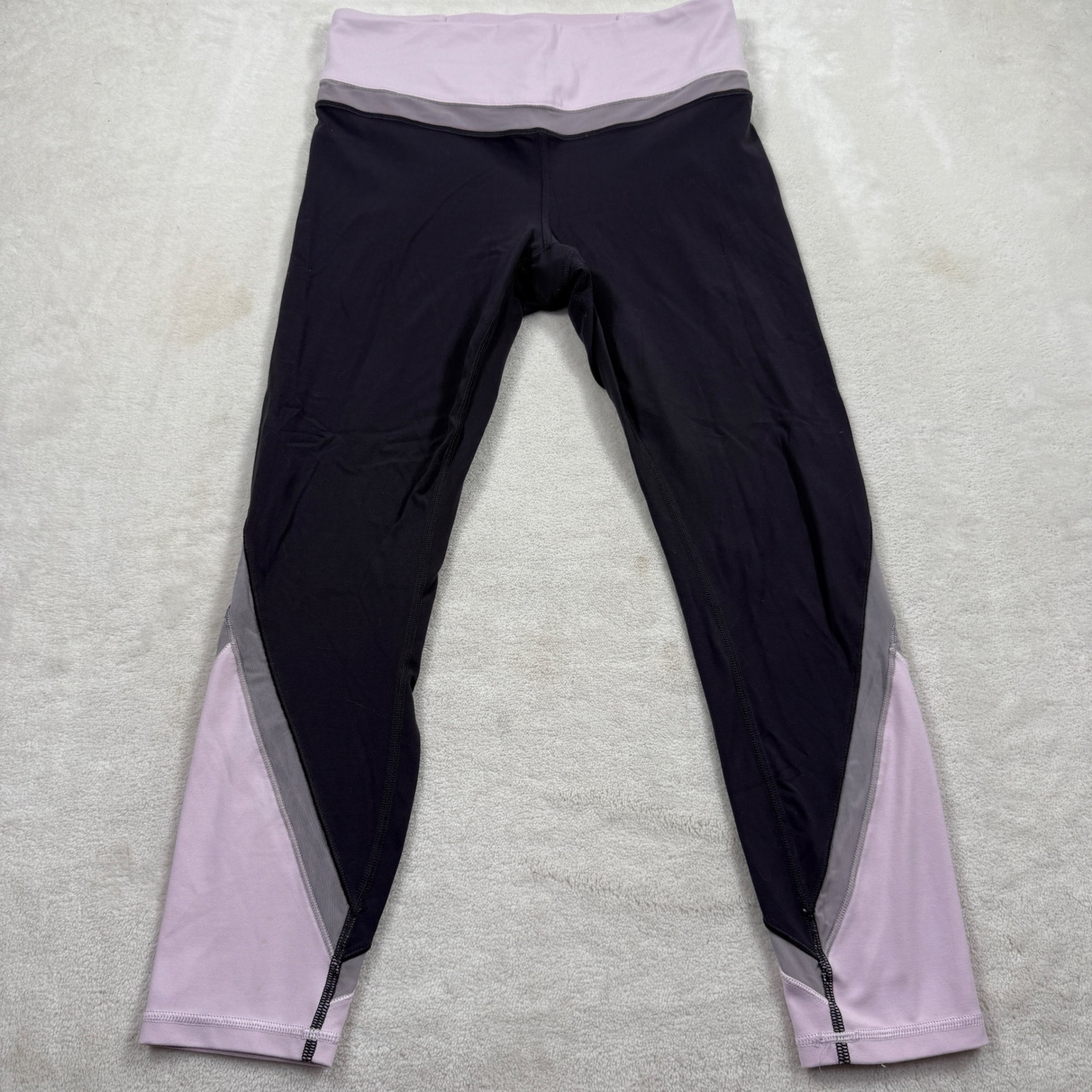 Athleta Colorblock Mesh Panel Leggings Black Purple Grey Medium 7/8 Length